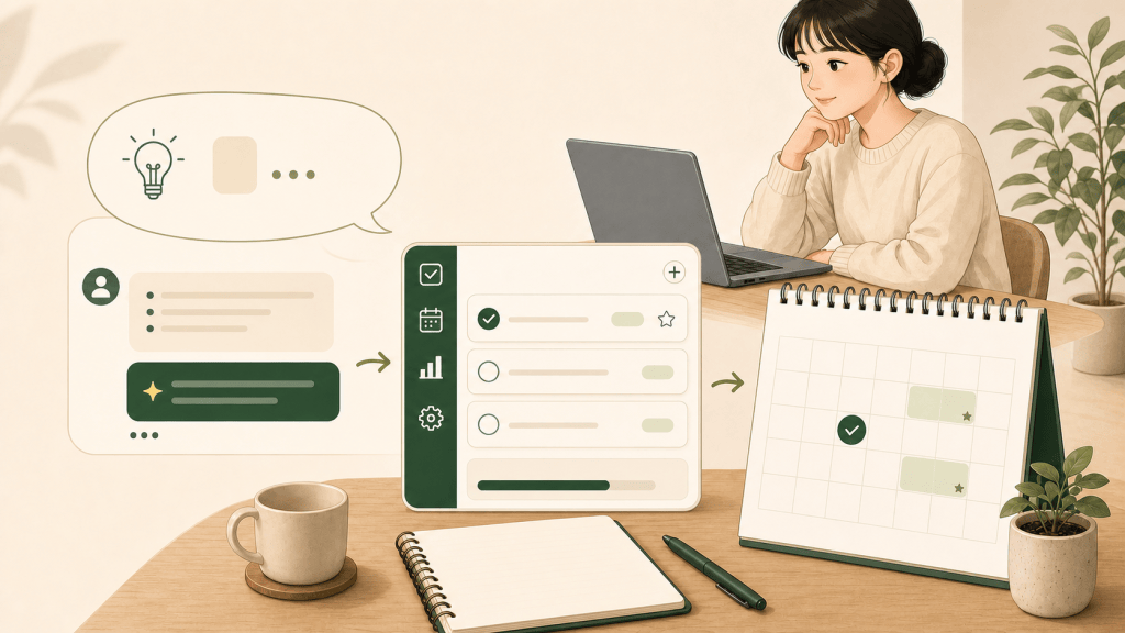 자연어 아이디어가 할 일 앱과 달력 계획으로 이어지는 글자 없는 그림 / A text-free illustration of an idea becoming a to-do app and calendar plan