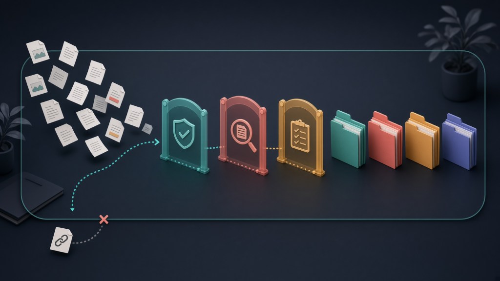 A file-sorting workflow passes through three safety checks before synthetic files move into four folders / 합성 파일 정리 작업이 세 가지 안전 점검을 거쳐 네 폴더로 분류되는 모습