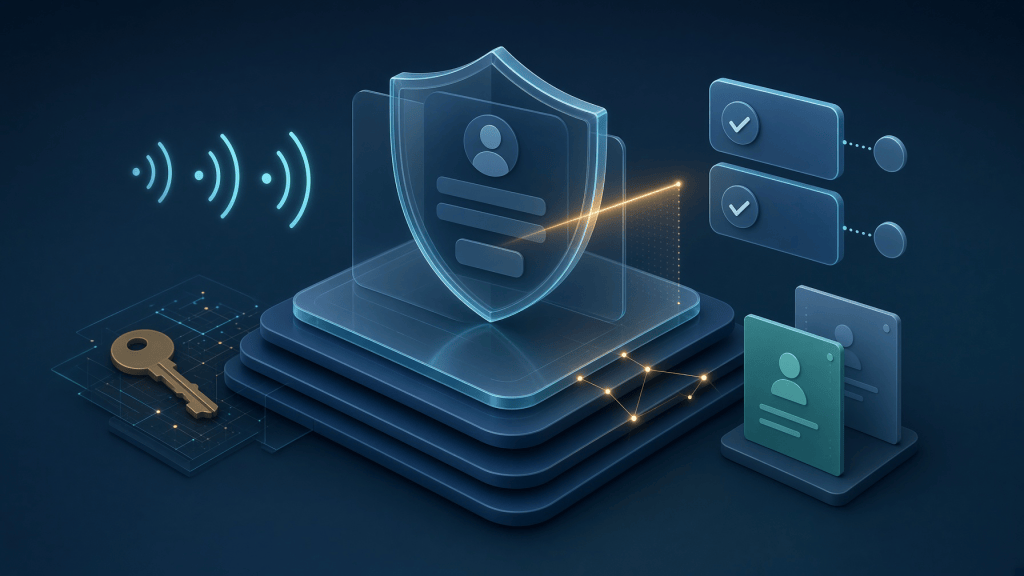 A person reviews a generated application while warning markers highlight authentication, secrets, and access controls / 생성된 앱의 로그인·비밀값·접근권한을 사람이 점검하는 모습